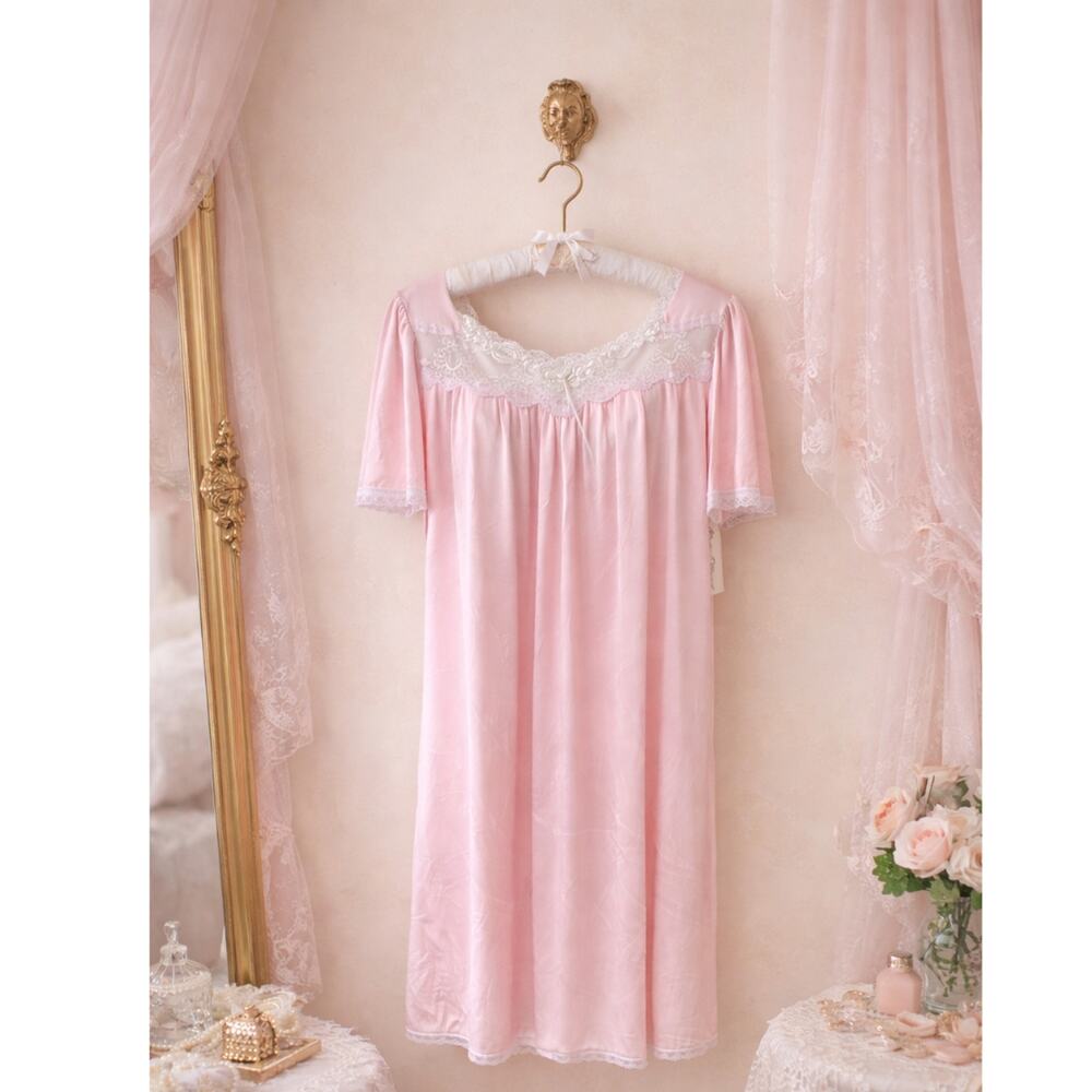 Vintage Miss Elaine Pink Nylon Lace Trim Nightgown Slip Dress Large NWT